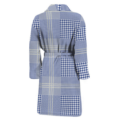 Blue And White Glen Plaid Print Men's Bathrobe