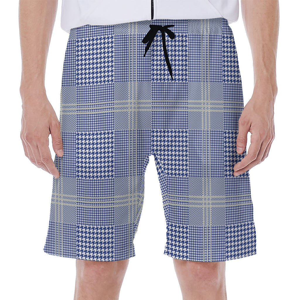 Blue And White Glen Plaid Print Men's Beach Shorts