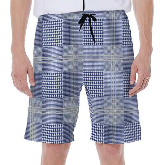 Blue And White Glen Plaid Print Men's Beach Shorts