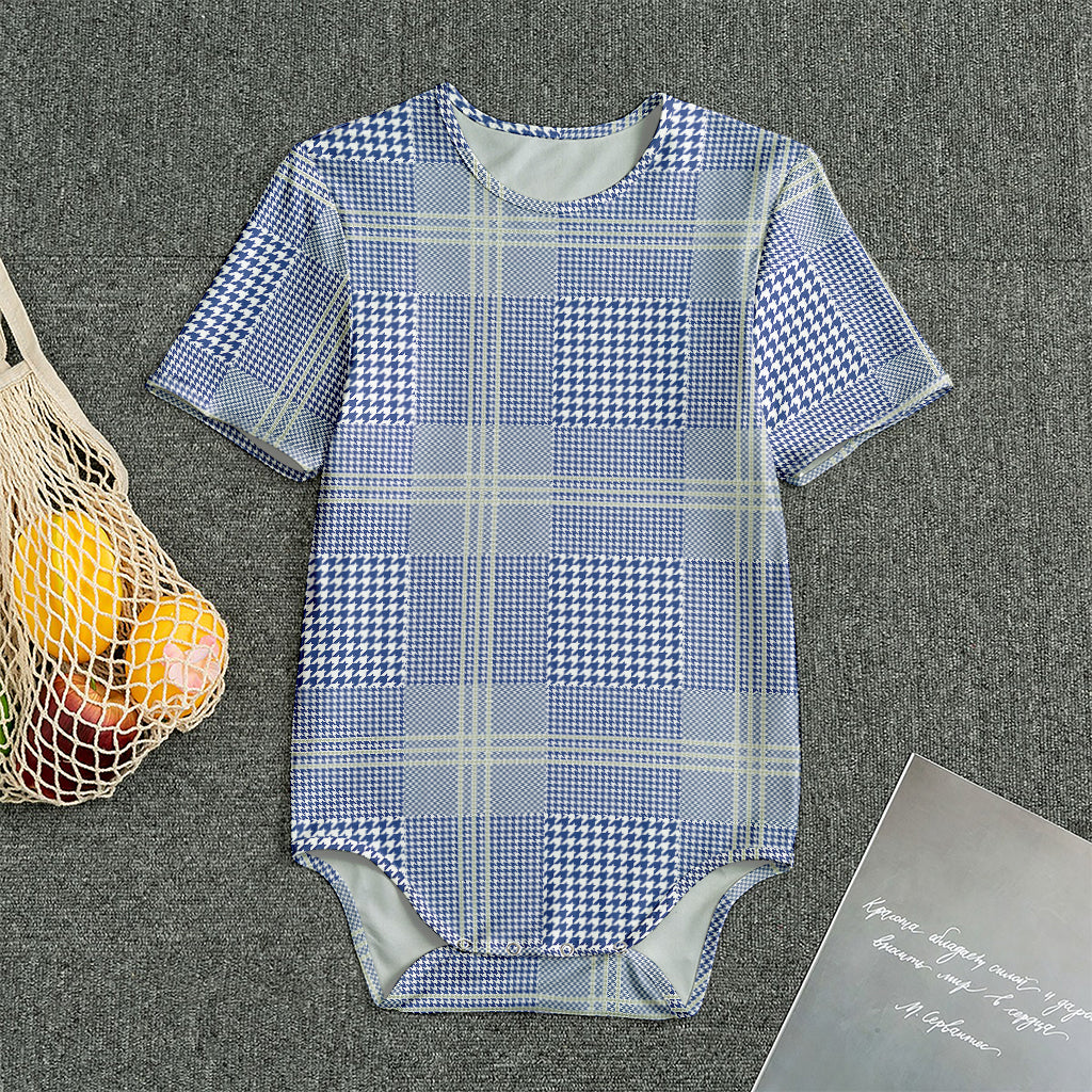 Blue And White Glen Plaid Print Men's Bodysuit