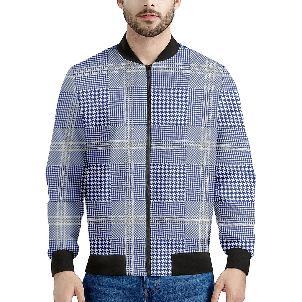 Blue And White Glen Plaid Print Men's Bomber Jacket