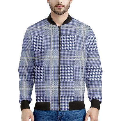 Blue And White Glen Plaid Print Men's Bomber Jacket