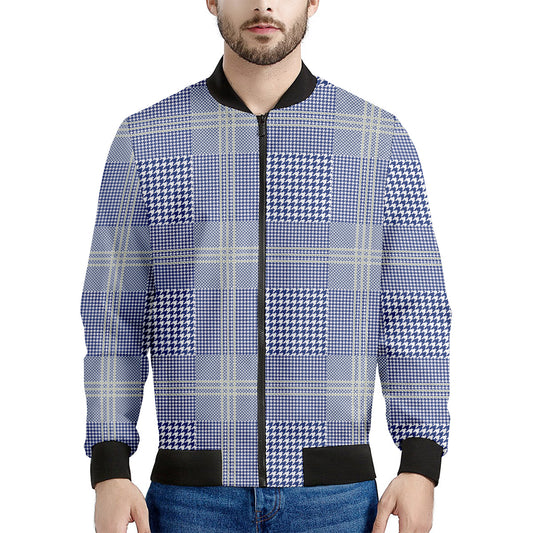 Blue And White Glen Plaid Print Men's Bomber Jacket