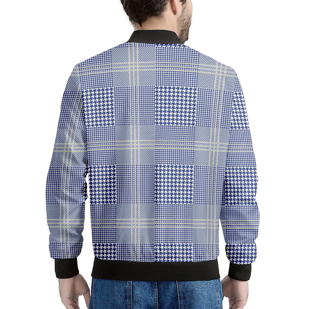 Blue And White Glen Plaid Print Men's Bomber Jacket