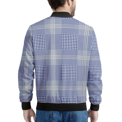 Blue And White Glen Plaid Print Men's Bomber Jacket