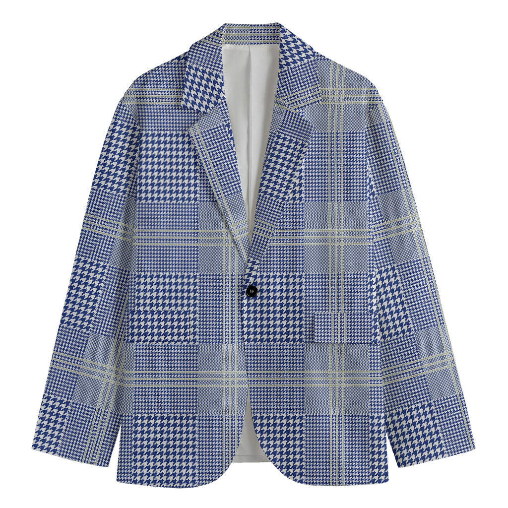 Blue And White Glen Plaid Print Men's Cotton Blazer