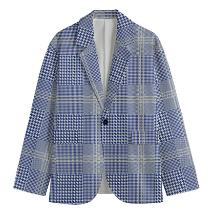 Blue And White Glen Plaid Print Men's Cotton Blazer