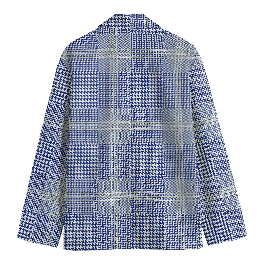 Blue And White Glen Plaid Print Men's Cotton Blazer