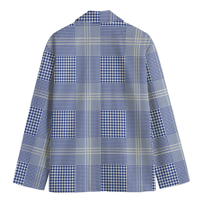 Blue And White Glen Plaid Print Men's Cotton Blazer