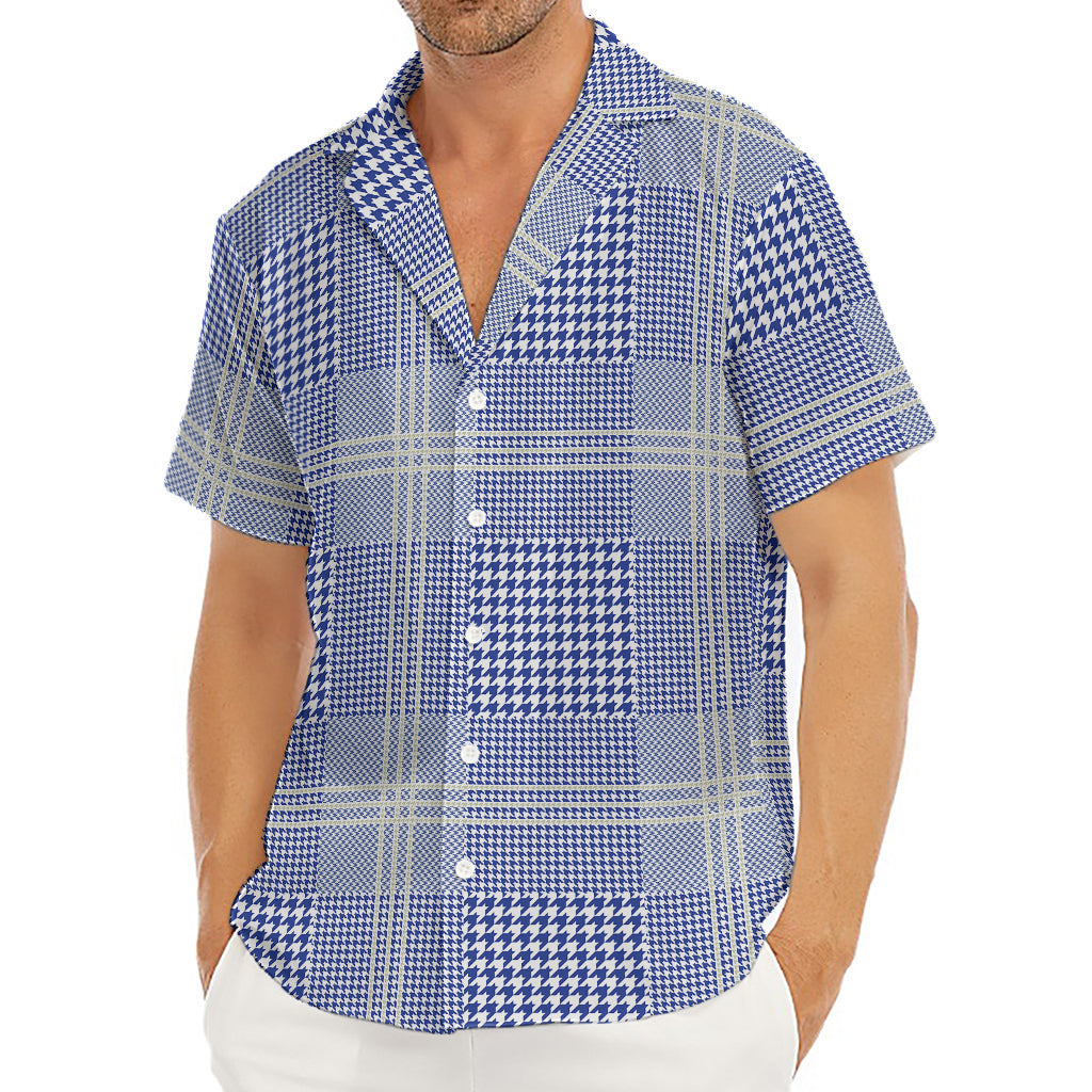 Blue And White Glen Plaid Print Men's Deep V-Neck Shirt