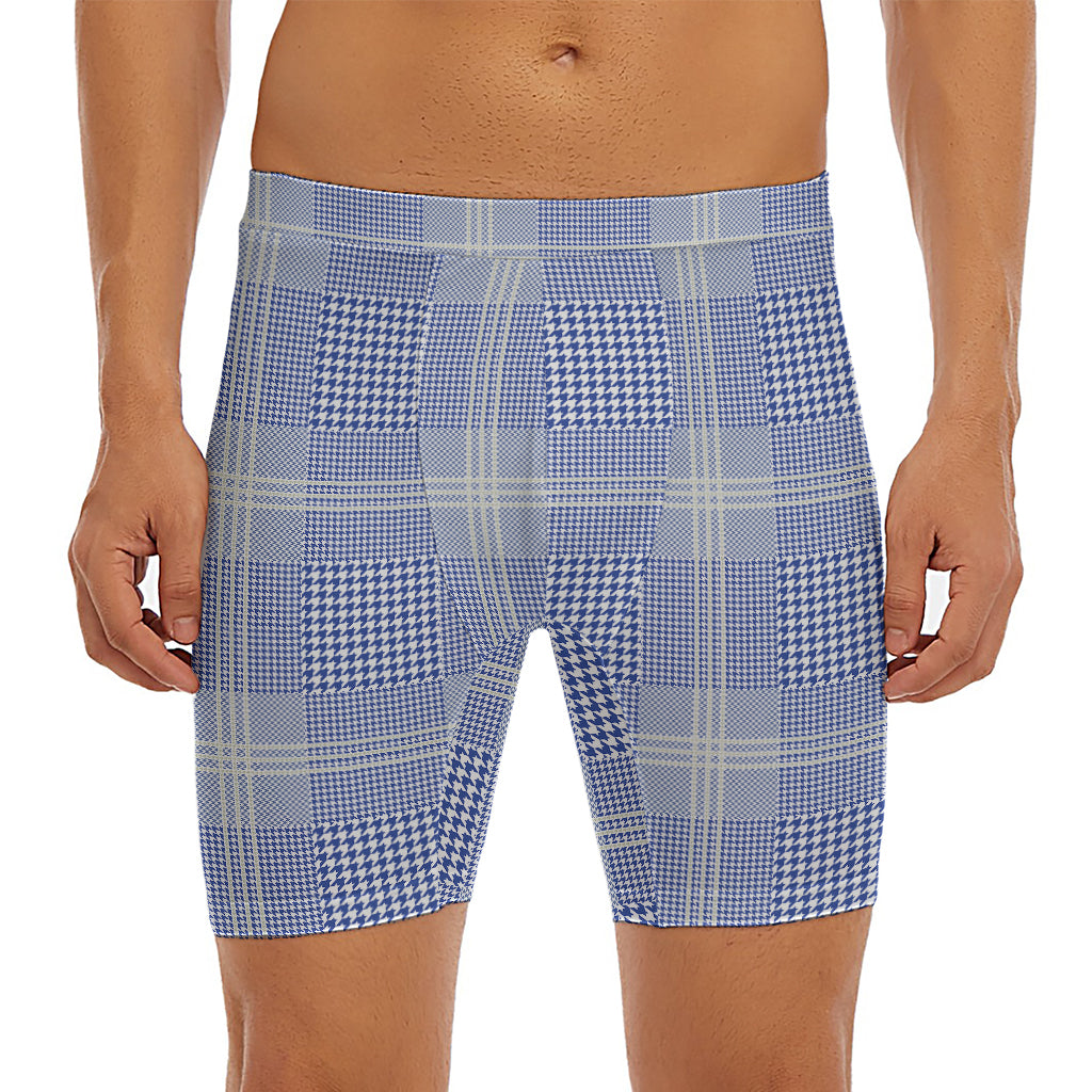 Blue And White Glen Plaid Print Men's Long Boxer Briefs