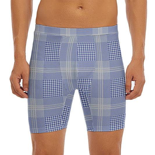 Blue And White Glen Plaid Print Men's Long Boxer Briefs