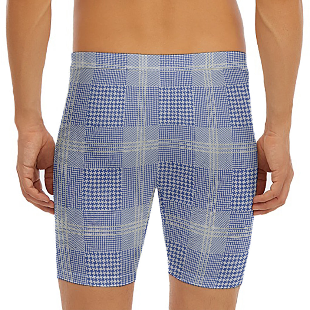 Blue And White Glen Plaid Print Men's Long Boxer Briefs