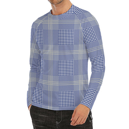 Blue And White Glen Plaid Print Men's Long Sleeve Rash Guard