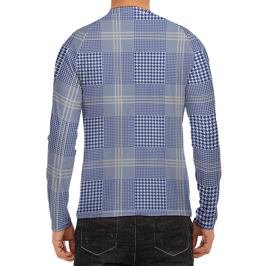 Blue And White Glen Plaid Print Men's Long Sleeve Rash Guard
