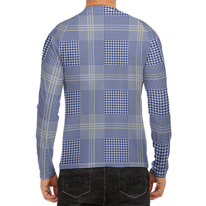 Blue And White Glen Plaid Print Men's Long Sleeve Rash Guard