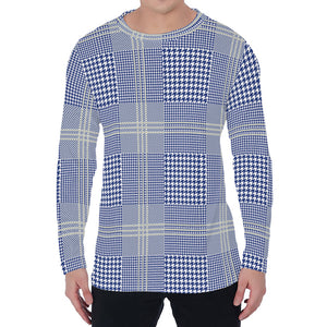 Blue And White Glen Plaid Print Men's Long Sleeve T-Shirt