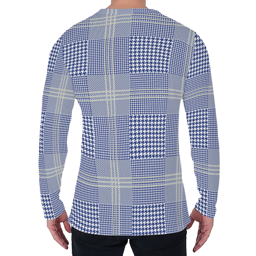 Blue And White Glen Plaid Print Men's Long Sleeve T-Shirt