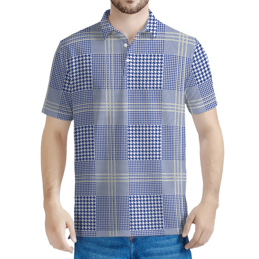 Blue And White Glen Plaid Print Men's Polo Shirt