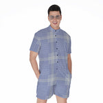 Blue And White Glen Plaid Print Men's Rompers