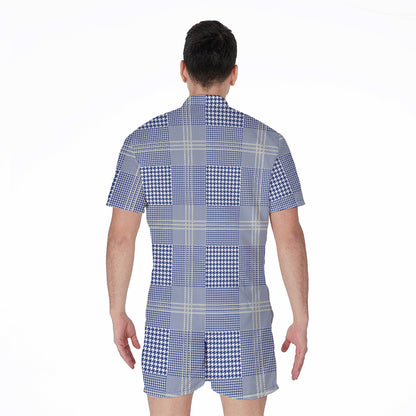 Blue And White Glen Plaid Print Men's Rompers