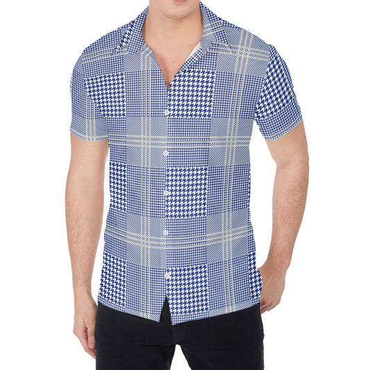 Blue And White Glen Plaid Print Men's Shirt
