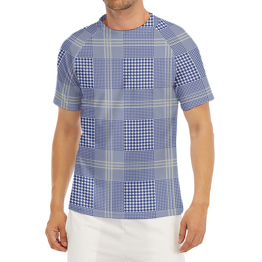 Blue And White Glen Plaid Print Men's Short Sleeve Rash Guard