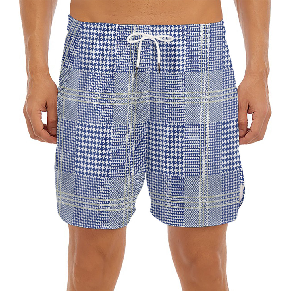 Blue And White Glen Plaid Print Men's Split Running Shorts