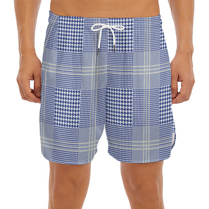 Blue And White Glen Plaid Print Men's Split Running Shorts