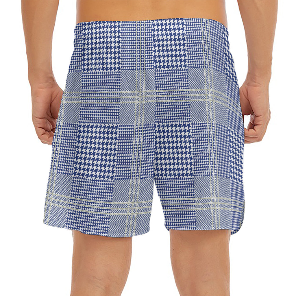 Blue And White Glen Plaid Print Men's Split Running Shorts
