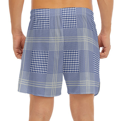 Blue And White Glen Plaid Print Men's Split Running Shorts