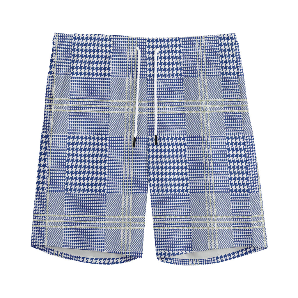 Blue And White Glen Plaid Print Men's Sports Shorts