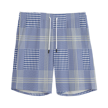 Blue And White Glen Plaid Print Men's Sports Shorts