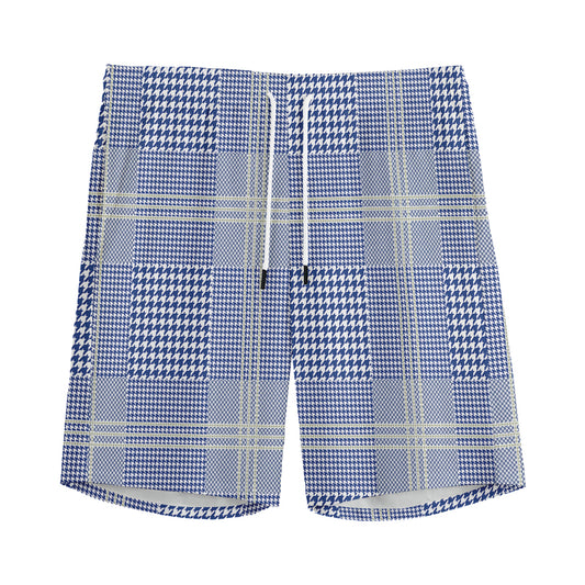 Blue And White Glen Plaid Print Men's Sports Shorts