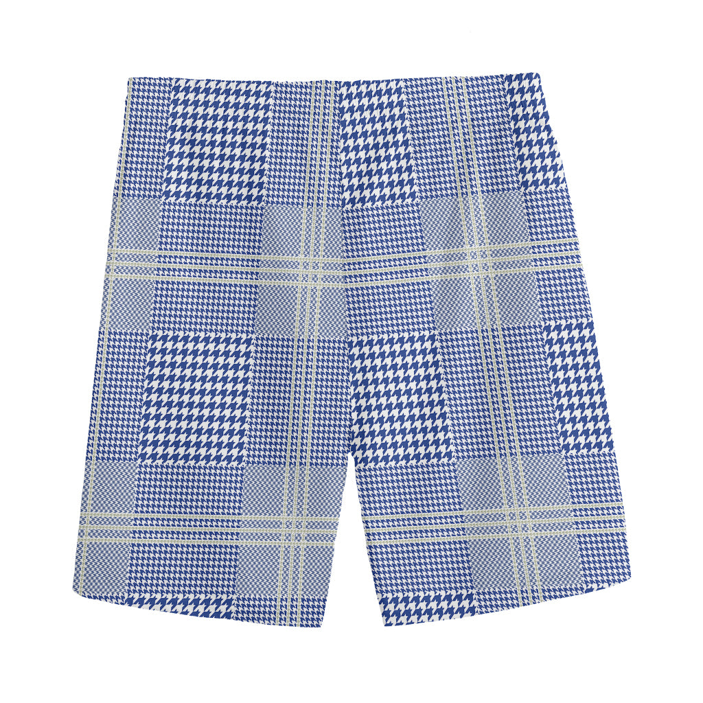 Blue And White Glen Plaid Print Men's Sports Shorts