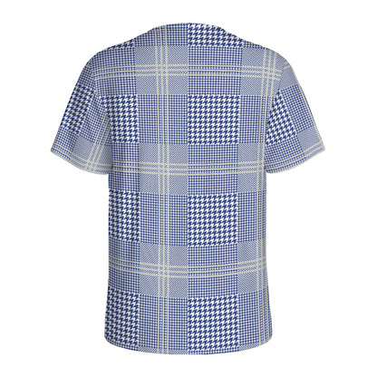 Blue And White Glen Plaid Print Men's Sports T-Shirt