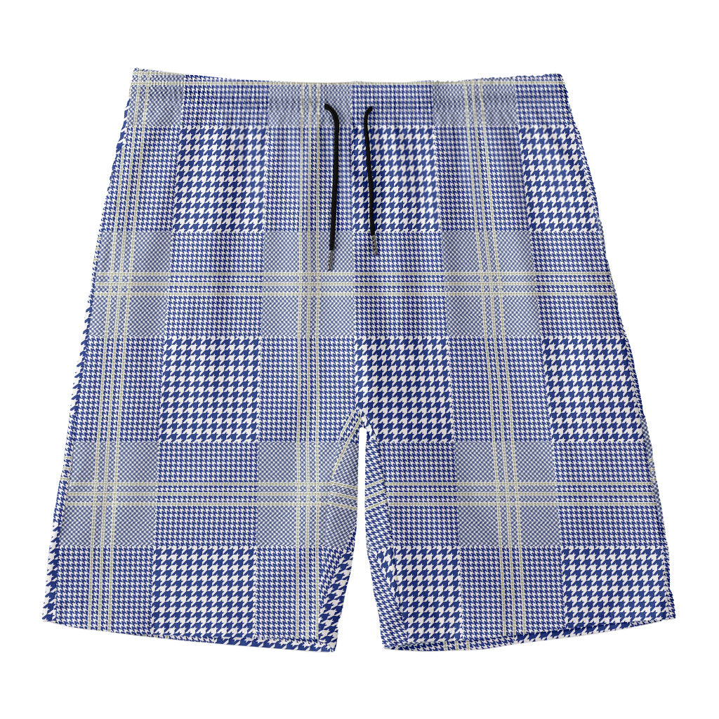 Blue And White Glen Plaid Print Men's Swim Trunks