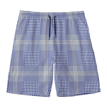Blue And White Glen Plaid Print Men's Swim Trunks