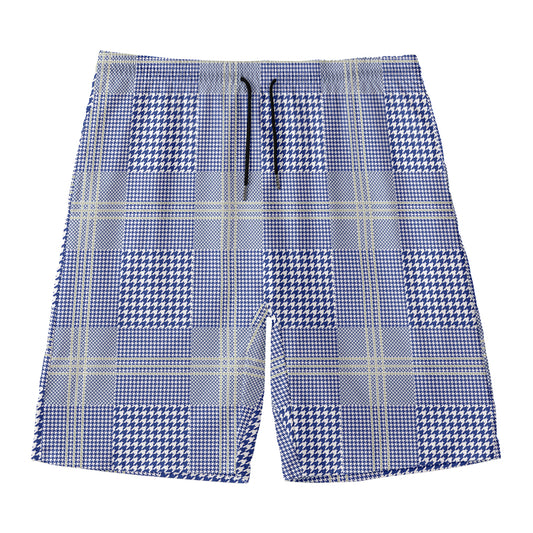 Blue And White Glen Plaid Print Men's Swim Trunks