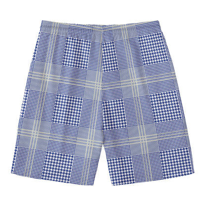 Blue And White Glen Plaid Print Men's Swim Trunks