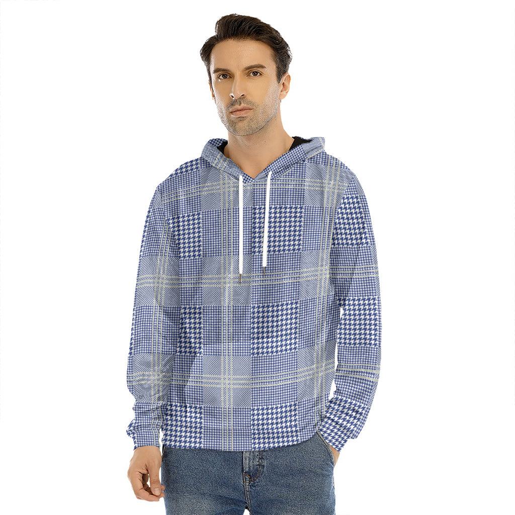 Blue And White Glen Plaid Print Men's Velvet Pullover Hoodie