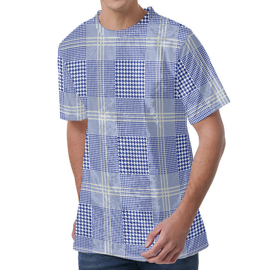 Blue And White Glen Plaid Print Men's Velvet T-Shirt