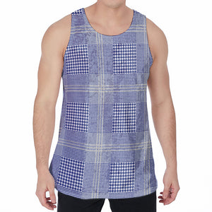 Blue And White Glen Plaid Print Men's Velvet Tank Top