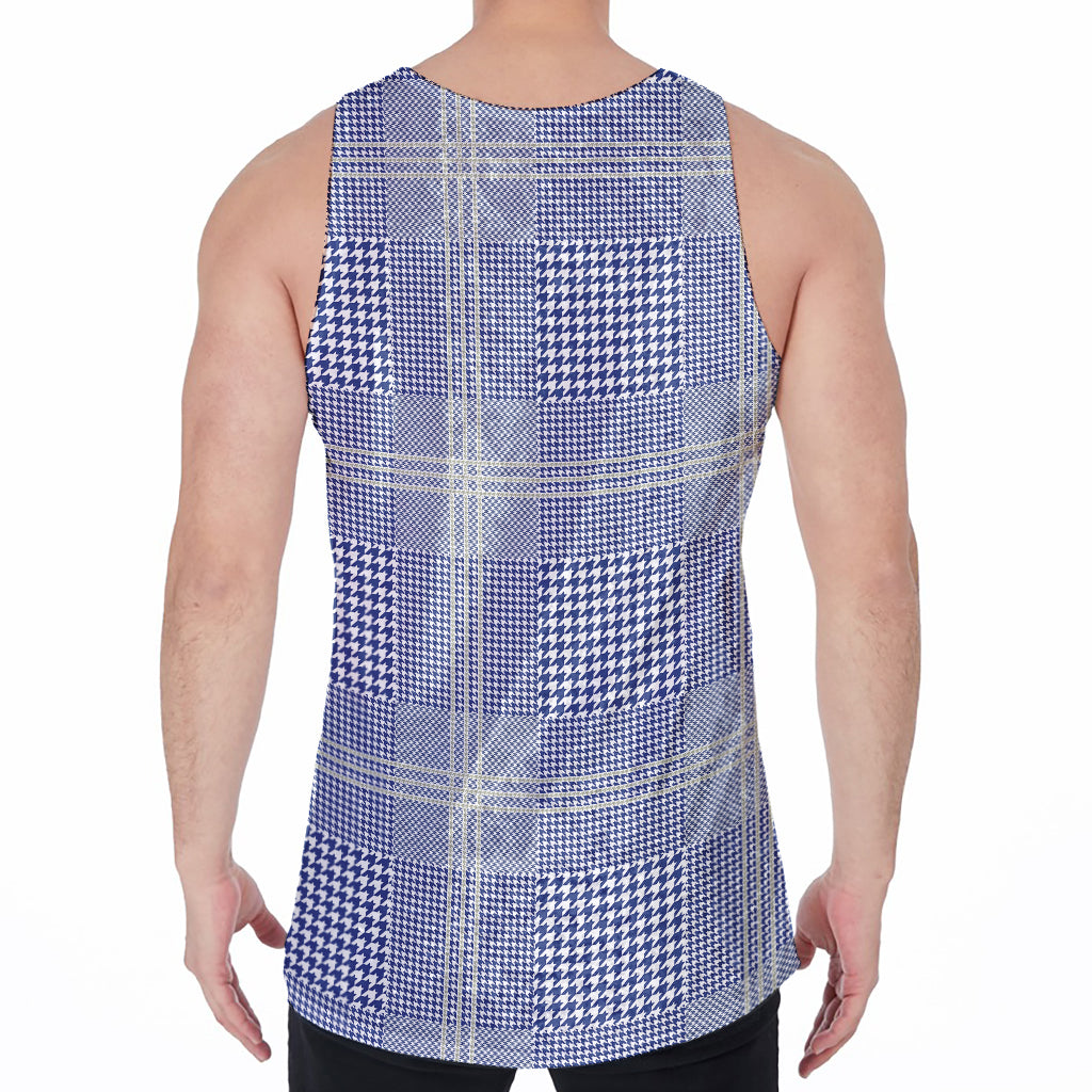 Blue And White Glen Plaid Print Men's Velvet Tank Top