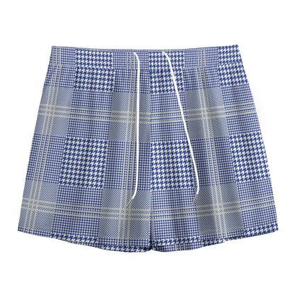 Blue And White Glen Plaid Print Mesh Shorts