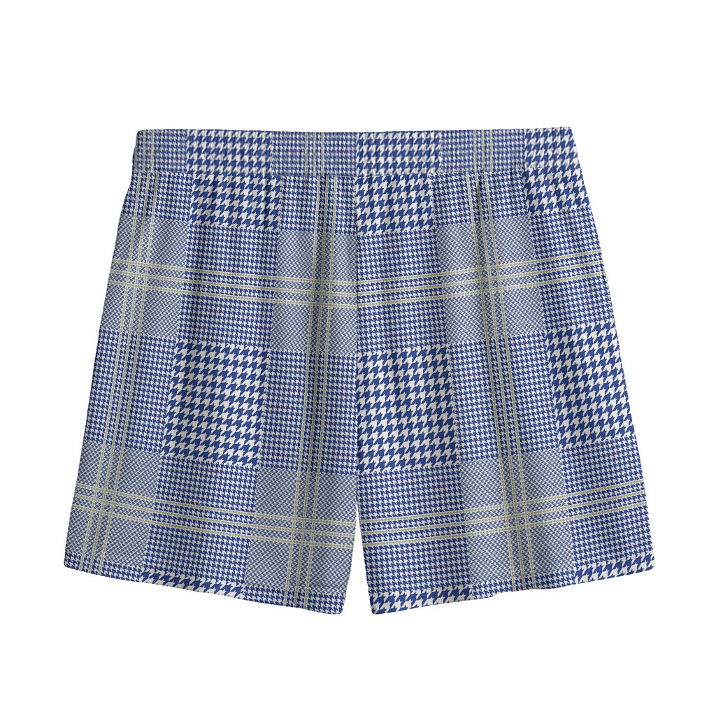 Blue And White Glen Plaid Print Mesh Shorts