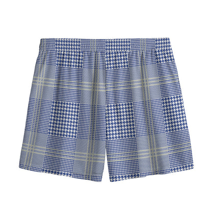 Blue And White Glen Plaid Print Mesh Shorts