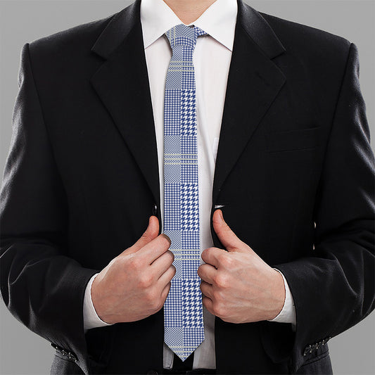 Blue And White Glen Plaid Print Necktie