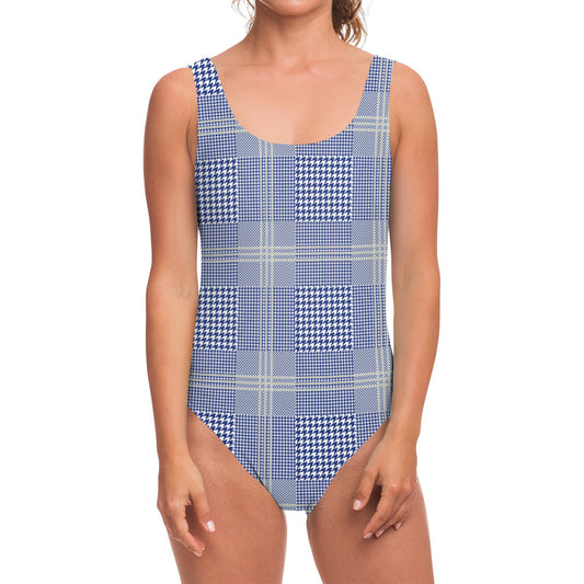 Blue And White Glen Plaid Print One Piece Swimsuit
