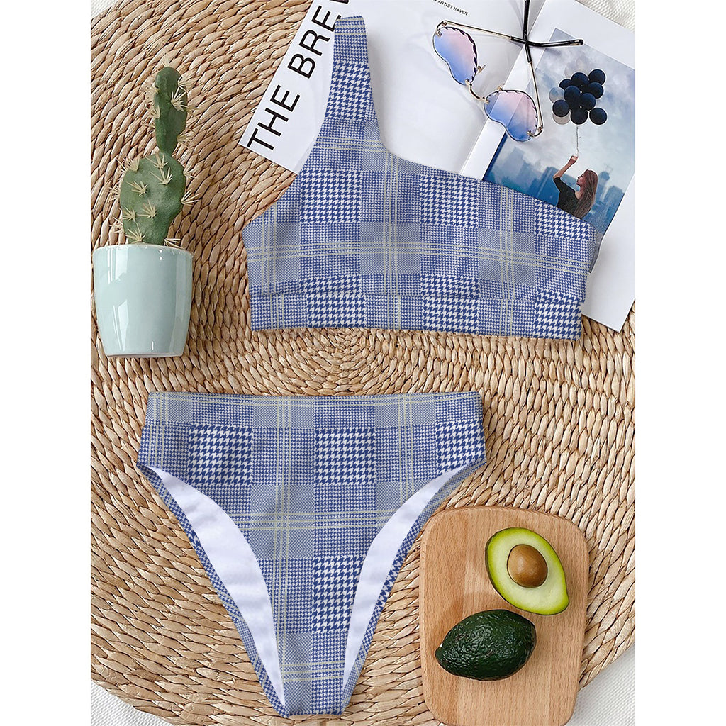 Blue And White Glen Plaid Print One Shoulder Bikini Top